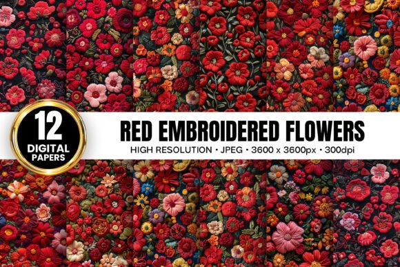 Red Flowers Embroidery Digital Papers Review